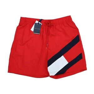 TOMMY HILFIGER Swimwear Mens Large Red Swim Shorts Slim Fit Lined Flag Logo